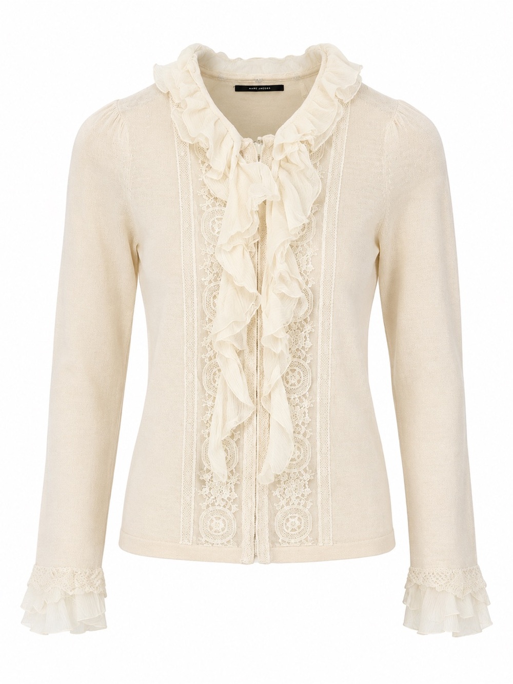 Elie Tahari Cream Ruffle Front Cardigan XS 100% Mercerized Wool Lace Trim